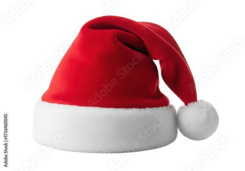 Festive red santa hat with white trim and pom-pom holiday season symbol isolated on white background