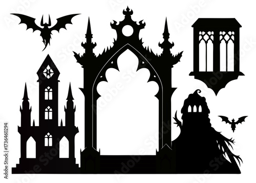 Enchanting Halloween scene featuring spooky castle, bats, and gothic archway, perfect for creating invitations, posters, and festive designs with chilling vibes