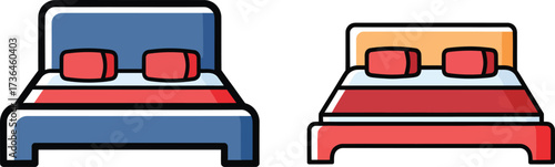 Vector art of two cartoon beds with red pillows and sheets