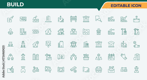 Build icon set. Contains outline symbols like equipment, , tool, paint, construction tools, construction and more. Construction Tools related icon set. Minimalist linear icons. Editable stroke.