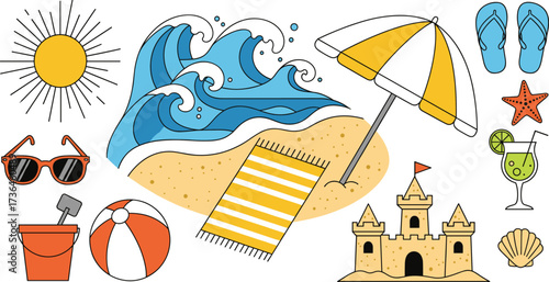 Summer beach vacation elements, tropical holiday icons with umbrella, sandcastle, sun, waves, flip flops, cocktail, seashell, vector illustration.
