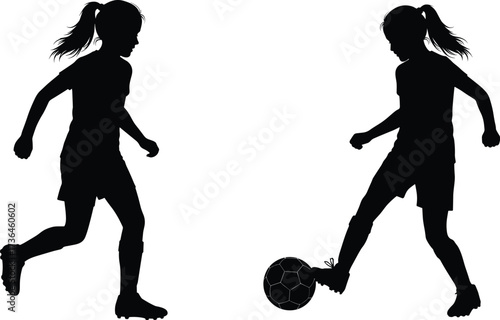 Black silhouette of two girls playing soccer with ponytails, athletic motion, ball control, teamwork, youth sports, and dynamic action pose