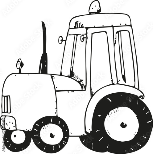 Tractor sketch hand drawn style with large wheels and simple cabin — stock vector