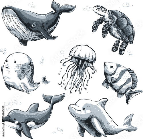 Sea animals sketch, hand drawn vector set with whale, turtle, jellyfish, fish, dolphin — stock vector