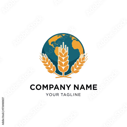 Modern agricultural logo featuring a globe and golden wheat stalks with company name and tagline, symbolizing global food security and sustainable farming on a clean white background., Flat Vector