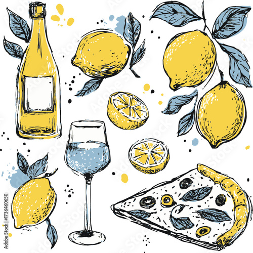 Lemon sketch hand drawn with wine bottle, glass, pizza slice, and leaves — stock vector