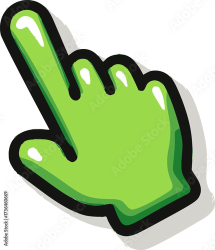 Green hand cursor sketch, hand drawn style with bold outline and shadow — stock vector