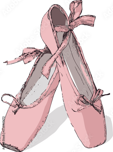 Ballet shoes sketch, hand drawn pink pointe shoes with ribbons — stock vector
