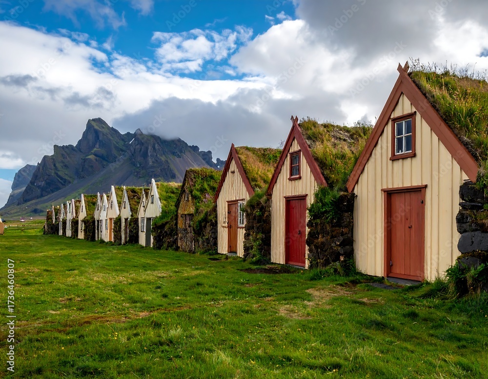Obraz premium Colorful traditional Icelandic turf houses