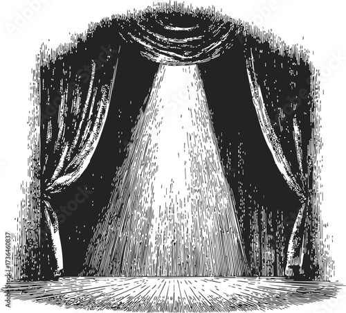 Stage spotlight sketch hand drawn curtains and empty theater scene — stock vector