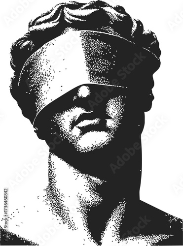 Blindfolded statue head sketch, hand drawn vector, classical sculpture face, black and white art — stock vector