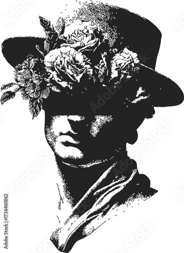 Bust statue with hat and flowers sketch, hand drawn surreal portrait — stock vector