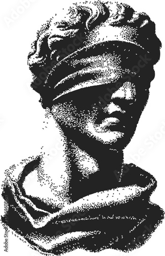 Blindfolded Lady Justice sketch, hand drawn classical bust, textured monochrome style — stock vector