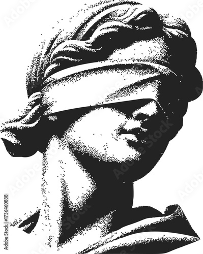 Blindfolded Lady Justice sketch, hand drawn classical statue head, impartiality symbol — stock vector