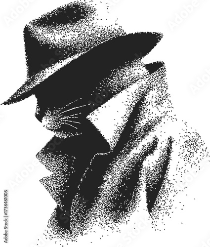 Cat detective sketch, hand drawn noir style with trench coat and fedora — stock vector
