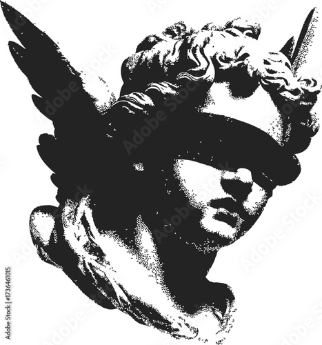 Blindfolded angel bust sketch, hand drawn classical statue with wings — stock vector