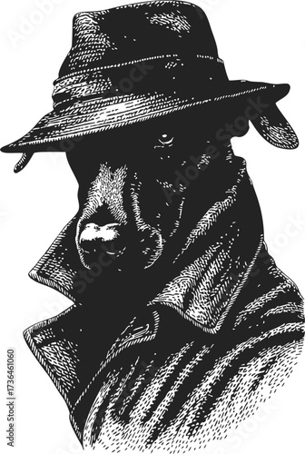 Dog in trench coat and fedora sketch, hand drawn noir detective style — stock vector