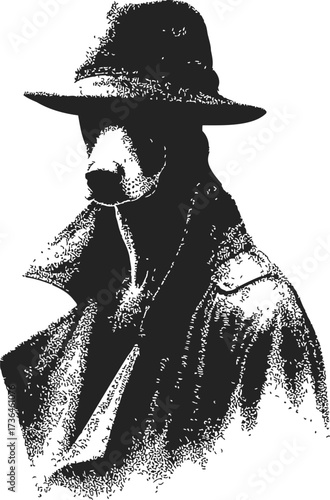 Dog detective sketch, hand drawn style, wearing trench coat and fedora — stock vector