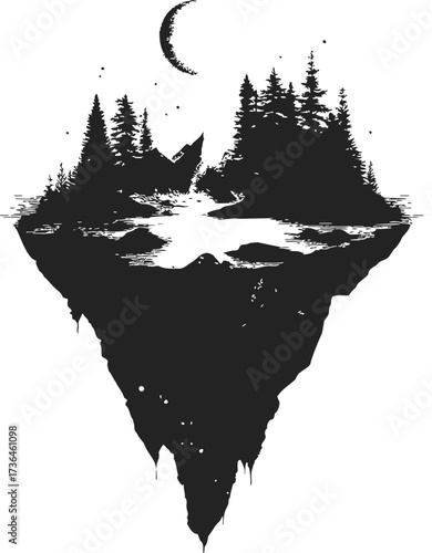 Floating island sketch, hand drawn forest landscape with lake and crescent moon — stock vector