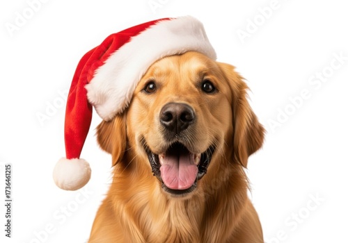 Joyful golden retriever dog wearing a festive santa hat ready for christmas celebrations isolated on white background