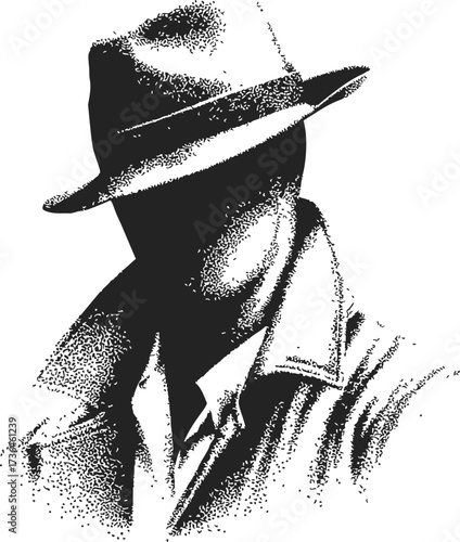 Noir detective sketch, hand drawn style, faceless man in fedora and trench coat — stock vector