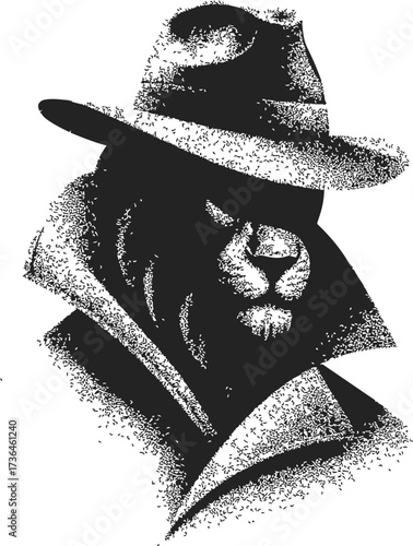 Lion detective sketch hand drawn style wearing trench coat and fedora — stock vector
