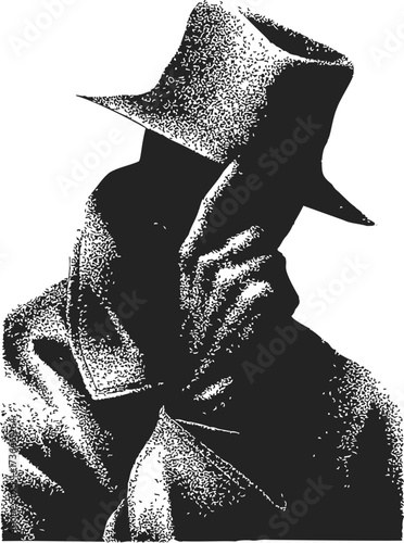 Detective silhouette sketch, hand drawn style, mysterious figure in trench coat and fedora — stock vector