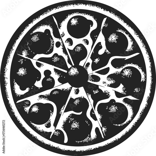 Pizza sketch hand drawn black and white whole pie with toppings — stock vector