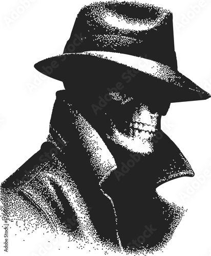 Skull detective sketch, hand drawn noir style with fedora and trench coat — stock vector