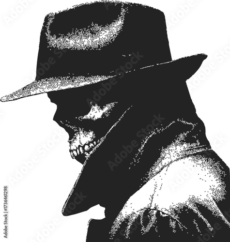 Skull in fedora hat sketch, hand drawn noir detective style, side profile — stock vector