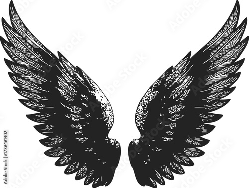 Black wings sketch hand drawn symmetrical feathered open wings — stock vector