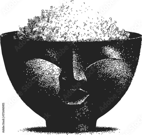 Bowl with human face sketch, hand drawn style, filled with rice grains — stock vector