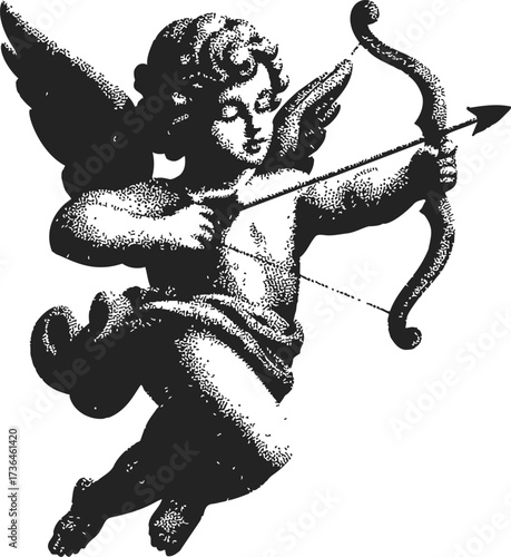Cherub sketch hand drawn with bow and arrow in vintage engraving style — stock vector
