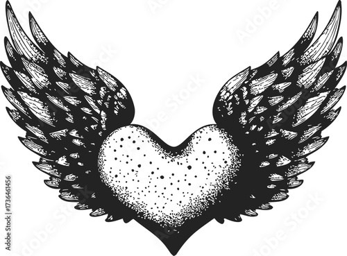 Heart with wings sketch hand drawn monochrome detailed feathered tattoo style — stock vector