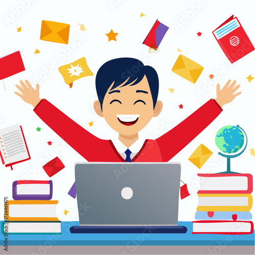 Excited Man Celebrating Online Success, Achievement, and Good News Notifications