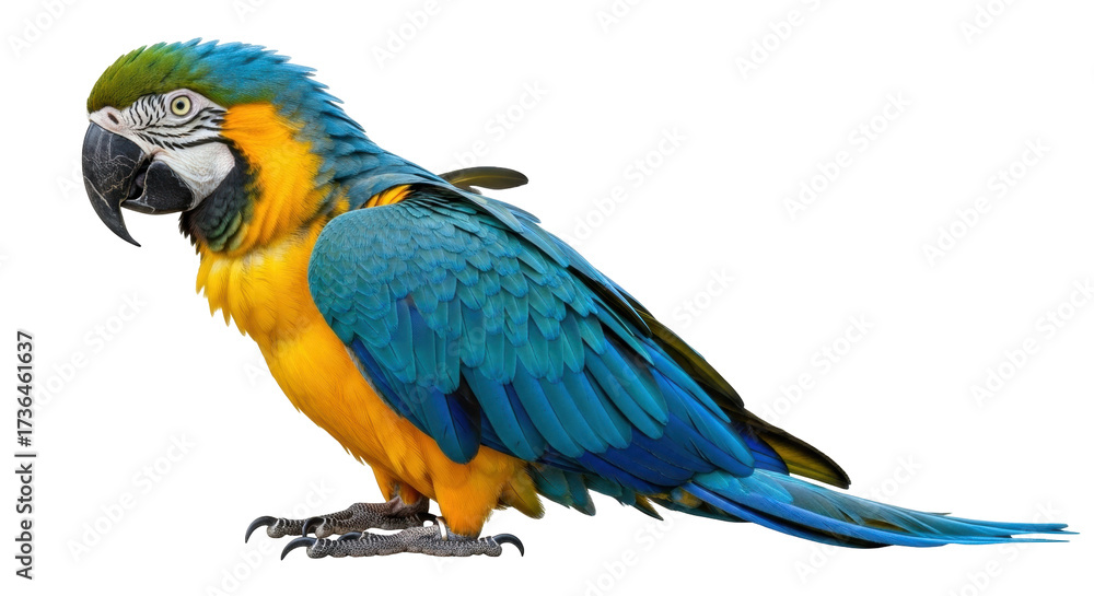 Fototapeta premium Isolated macaw perched in profile showing its colorful plumage, distinctive facial markings