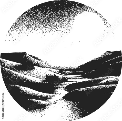 Desert landscape sketch, hand drawn, circular composition with sand dunes and sky — stock vector
