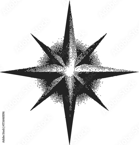 Eight-pointed star sketch, hand drawn compass rose with stipple shading — stock vector
