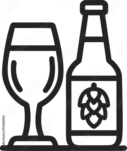 Beer bottle and glass sketch, hand drawn line art with hop label — stock vector