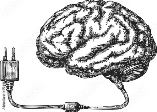 Brain sketch with electric plug hand drawn concept of artificial intelligence — stock vector