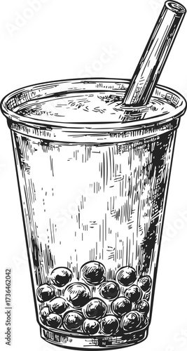Bubble tea hand drawn sketch with tapioca pearls and straw in plastic cup — stock vector