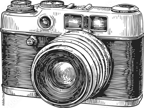 Retro camera sketch hand drawn style with detailed lens and body — stock vector