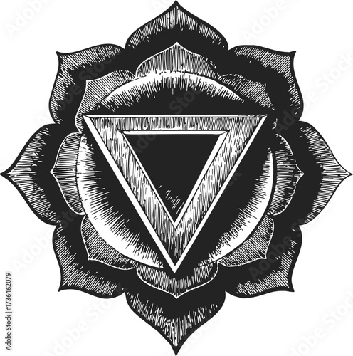 Solar plexus chakra symbol sketch, hand drawn mandala with triangle and lotus — stock vector