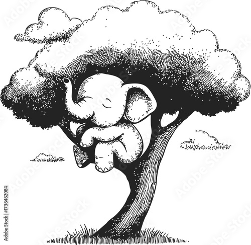 Elephant sketch hand drawn sitting in tree whimsical scene — stock vector