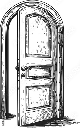 Wooden door sketch hand drawn open classic arched entryway illustration — stock vector
