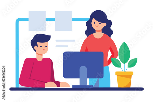 Cartoon Illustration Man Working at Computer, Woman Standing Nearby with Plant Pot on Desk