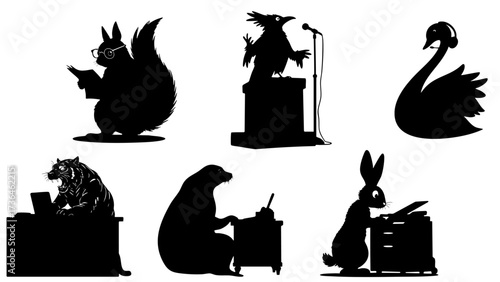 Funny Animal Office Staff Silhouettes Vector Set - Humorous Anthropomorphic Business Characters and Office Scenes