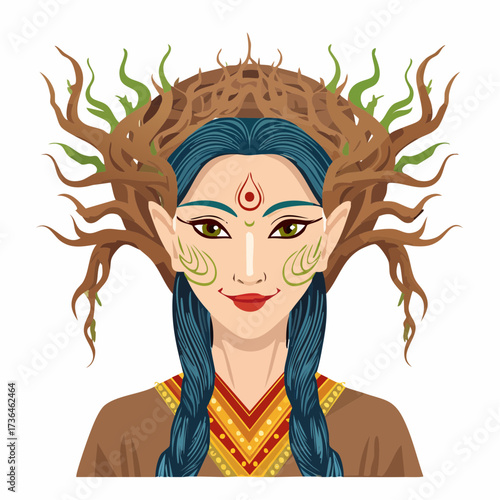 Mystical Forest Goddess Portrait with Nature Elements Illustration