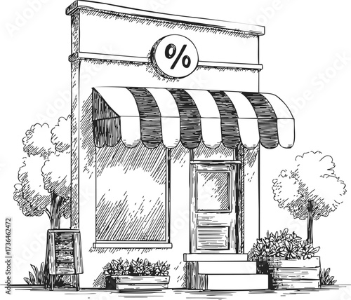 Storefront sketch hand drawn with awning, trees, and sidewalk plants — stock vector