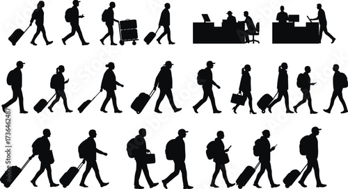 Airport traveler silhouette, black vector art, luggage, walking pose, check-in counter, mobile use, travel scene, transportation, journey